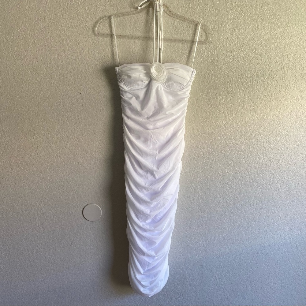 Dee elly White Ruched Bodycon MIDI Dress with flower and halter top